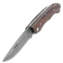Timber Wolf Renegade Pocket Knife And Sheath - Damascus Stainless Steel Blade, Wooden Handle Scales, Fileworked Back -Knife Series Shop D19 TW1375