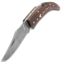 Timber Wolf Heidi Pocket Knife And Sheath - Damascus Steel Blade, Wooden Handle, Brass Flower Accent And Pins -Knife Series Shop D19 TW1377
