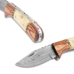 Timber Wolf Tombstone Pocket Knife And Sheath - Damascus Steel Blade, Wood And Bone Handle, Brass Filework Accents -Knife Series Shop D19 TW1405