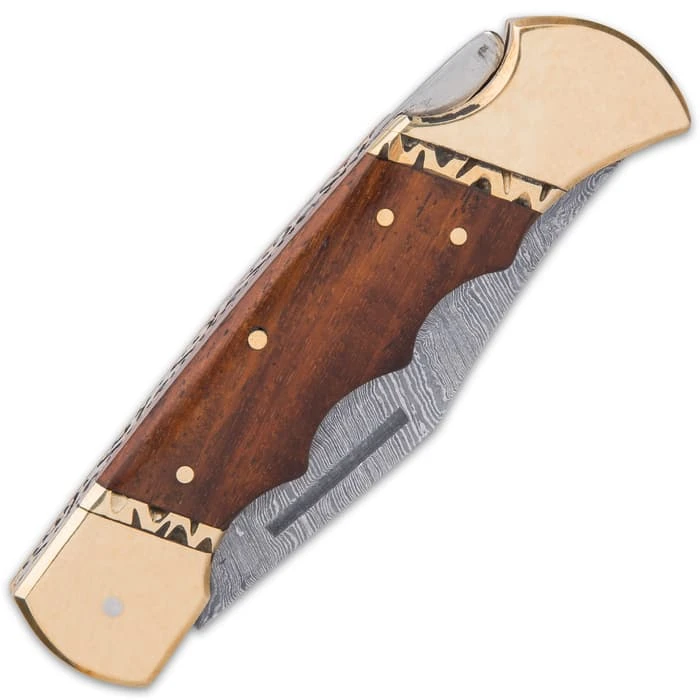 Timber Wolf Chief Executive Pocket Knife - Damascus Steel Blade, Wooden Handle Scales, Brass Bolsters, Fileworked Spine 3 Timber Wolf Chief Executive Pocket Knife - Damascus Steel Blade, Wooden Handle Scales, Brass Bolsters, Fileworked Spine - Image 3