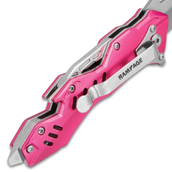 Rampage Pink Atomica Assisted Opening Pocket Knife - Stainless Steel Blade, Aluminum Handle, Bottle Opener, Pocket Clip - Closed 4 3/4” 3 Rampage Pink Atomica Assisted Opening Pocket Knife - Stainless Steel Blade, Aluminum Handle, Bottle Opener, Pocket Clip - Closed 4 3/4” - Image 3