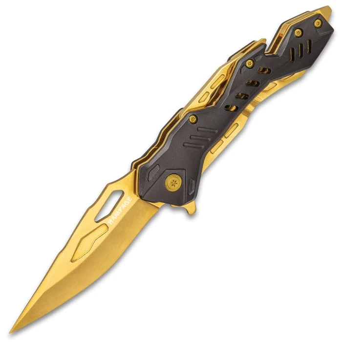 Rampage Gold Atomica Assisted Opening Pocket Knife - Stainless Steel Blade, Aluminum Handle, Bottle Opener, Pocket Clip - Closed 4 3/4” 3 Rampage Gold Atomica Assisted Opening Pocket Knife - Stainless Steel Blade, Aluminum Handle, Bottle Opener, Pocket Clip - Closed 4 3/4” - Image 3