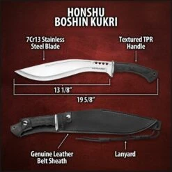 Honshu Boshin Kukri With Genuine Leather Belt Sheath - Full Tang 19 5/8" Gurkha Machete Fixed Blade - 7Cr13 Stainless Steel - Blood Groove, Cut-Outs - Textured, Molded TPR Handle - Lanyard Hole -Knife Series Shop D46 UC3241