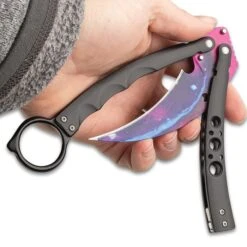 Galaxy Karambit Balisong Knife - Stainless Steel Blade, Colorful Artwork, Magnet Lock, Finger-Ring - Length 7 1/2” -Knife Series Shop D49 BK5363
