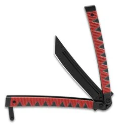 Red Samurai Butterfly Knife - CNC Black Stainless Steel Tanto Blade, Aluminum Handle, Latch Lock - Length 9 3/4" -Knife Series Shop D49 VB1937