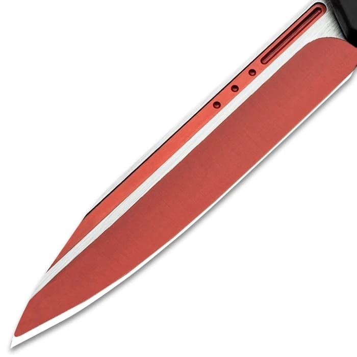 Red And Black OTF Automatic Knife And Sheath - Stainless Steel Blade, Metal Alloy Handle - Length 8 3/4" 4 Red And Black OTF Automatic Knife And Sheath - Stainless Steel Blade, Metal Alloy Handle - Length 8 3/4" - Image 4