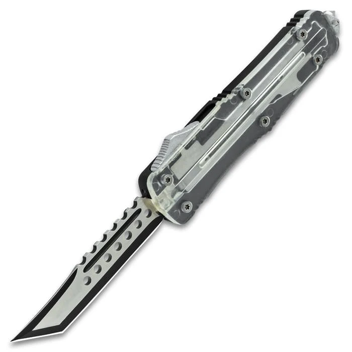 Transparent OTF Automatic Knife And Sheath - Stainless Steel Blade, TPU Handle, Glassbreaker Pommel - Length 9" 4 Transparent OTF Automatic Knife And Sheath - Stainless Steel Blade, TPU Handle, Glassbreaker Pommel - Length 9" - Image 4
