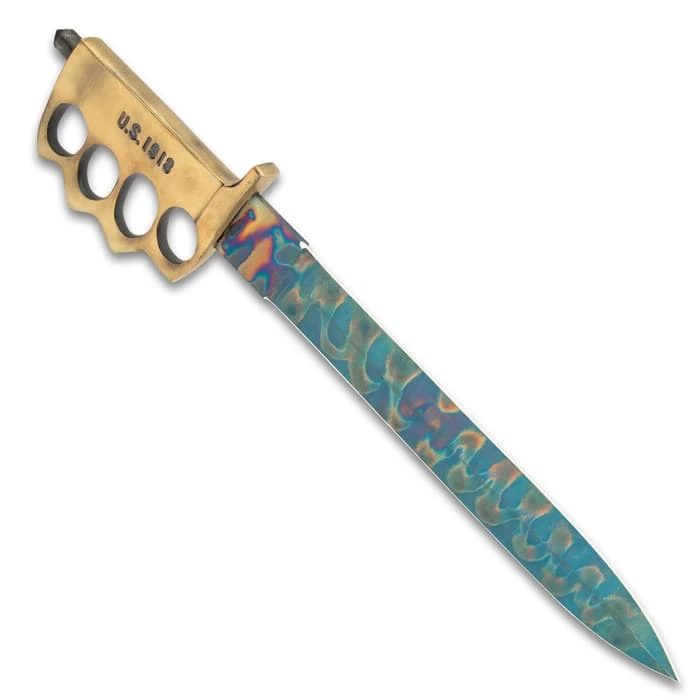 Combat Toothpick Knife And Sheath - Fire Kissed 1095 Carbon Steel Blade, Brass Knuckle Guard Handle, Distressed Finish 4 Combat Toothpick Knife And Sheath - Fire Kissed 1095 Carbon Steel Blade, Brass Knuckle Guard Handle, Distressed Finish - Image 4