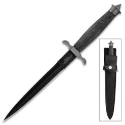Hibben Black Shadow Dagger And Sheath - Stainless Steel Blade, Wire-Wrapped Handle, Chrome Pommel And Guard - Length 12 3/4” -Knife Series Shop E17 GH0441B