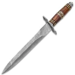 Timber Wolf Tower Guard Dagger And Sheath - Damascus Steel Blade, Wooden Handle, Brass Accents, Damascus Guard - Length 16” -Knife Series Shop E17 TW1005