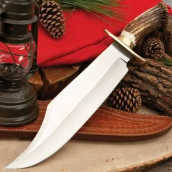 Timber Wolf King Stag Antler Crown Knife With Sheath - Stainless Steel Blade, Genuine Horn Handle, Brass Handguard - Length 22 1/2” -Knife Series Shop E17 TW1063
