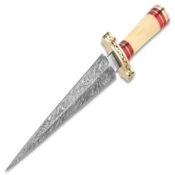 Timber Wolf Karnak Temple Dagger And Sheath - Fire Pattern Damascus Steel Blade, Natural Bone Handle, Brass Guard - Length 14 1/4” -Knife Series Shop E17 TW1078