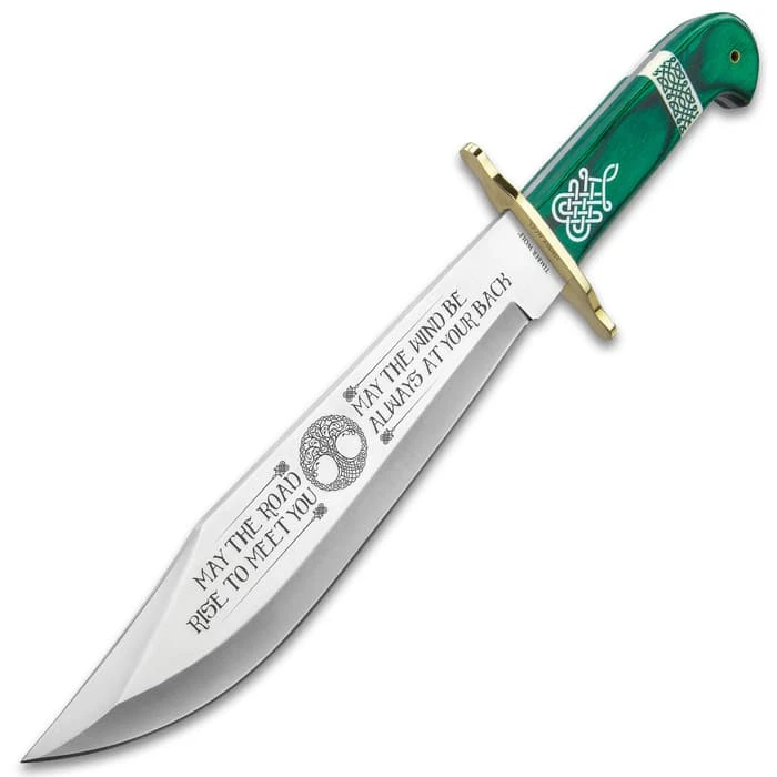 Timber Wolf Celtic Heritage Bowie Knife And Sheath - Stainless Steel Blade, Themed Etchings, Pakkawood Handle Scales, Brass Guard - Length 16” 4 Timber Wolf Celtic Heritage Bowie Knife And Sheath - Stainless Steel Blade, Themed Etchings, Pakkawood Handle Scales, Brass Guard - Length 16” - Image 4