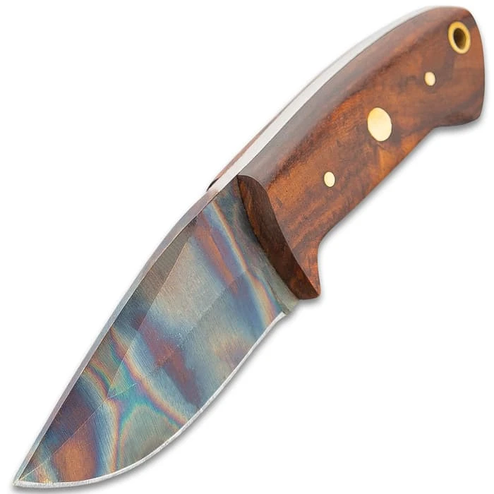 Timber Wolf Trial By Fire Skinner Knife And Sheath - 1095 Fire Kissed Carbon Steel Blade, Hardwood Handle, Brass Pins - Length 6 1/4” 4 Timber Wolf Trial By Fire Skinner Knife And Sheath - 1095 Fire Kissed Carbon Steel Blade, Hardwood Handle, Brass Pins - Length 6 1/4” - Image 4