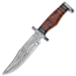 Timber Wolf Territories Trader Knife And Sheath - Damascus Steel Blade, Leather Handle, Damascus Steel Guard And Pommel - Length 12” -Knife Series Shop E17 TW1261