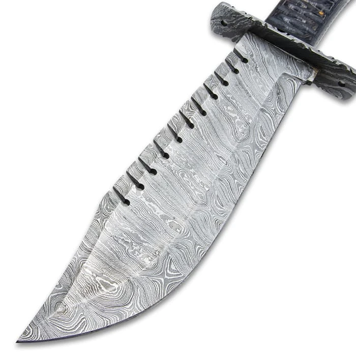 Timber Wolf Shark Back Knife And Sheath - Damascus Steel Blade, Wooden Handle, Lanyard Hole - Length 15 1/2" 4 Timber Wolf Shark Back Knife And Sheath - Damascus Steel Blade, Wooden Handle, Lanyard Hole - Length 15 1/2" - Image 4