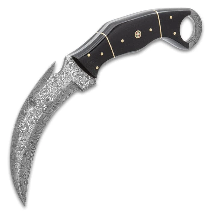 Timber Wolf Attila Karambit Knife - Damascus Steel Blade, Full-Tang, Micarta Handle Scales, Open-Ring Pommel - Length 9” 4 Timber Wolf Attila Karambit Knife - Damascus Steel Blade, Full-Tang, Micarta Handle Scales, Open-Ring Pommel - Length 9” - Image 4