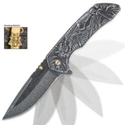 Shadow Warrior Assisted Opening Pocket Knife | DamascTec Steel Blade | Black And Gold -Knife Series Shop E19 BK3530