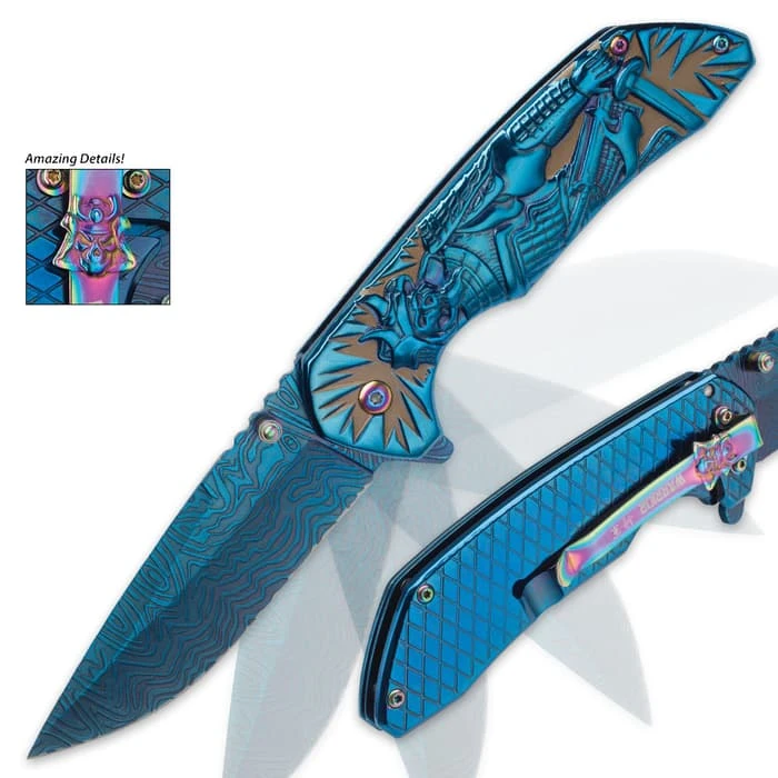 Shadow Warrior Assisted Opening Pocket Knife | DamascTec Steel Blade | Blue And Rainbow 4 Shadow Warrior Assisted Opening Pocket Knife | DamascTec Steel Blade | Blue And Rainbow - Image 4