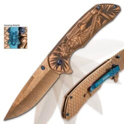 Shadow Warrior Assisted Opening Pocket Knife | DamascTec Steel Blade | Gold And Blue 8 Shadow Warrior Assisted Opening Pocket Knife | DamascTec Steel Blade | Gold And Blue -Knife Series Shop E19 BK3534