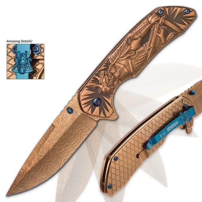 Shadow Warrior Assisted Opening Pocket Knife | DamascTec Steel Blade | Gold And Blue 4 Shadow Warrior Assisted Opening Pocket Knife | DamascTec Steel Blade | Gold And Blue - Image 4
