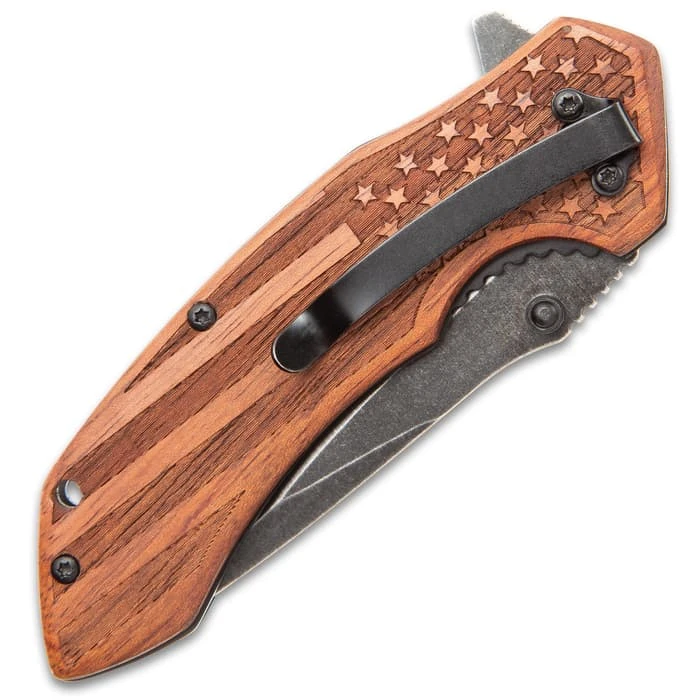 American Flag Pocket Knife - Stonewashed Black Stainless Steel Blade, Engraved Wooden Handle Scales, Pocket Clip 4 American Flag Pocket Knife - Stonewashed Black Stainless Steel Blade, Engraved Wooden Handle Scales, Pocket Clip - Image 4