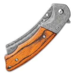 Boot Hill Razor Pocket Knife - Damascus Pattern Steel Blade, Wooden Handle Scales, Assisted Opening, Damascus Bolsters, Pocket Clip 8 Boot Hill Razor Pocket Knife - Damascus Pattern Steel Blade, Wooden Handle Scales, Assisted Opening, Damascus Bolsters, Pocket Clip -Knife Series Shop E19 BK4904