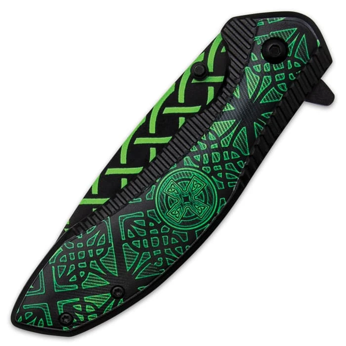 Celtic Pocket Knife - Printed Stainless Steel Blade, Aluminum Handle, Wooden Facing, Pocket Clip - Closed 4 1/2” 4 Celtic Pocket Knife - Printed Stainless Steel Blade, Aluminum Handle, Wooden Facing, Pocket Clip - Closed 4 1/2” - Image 4