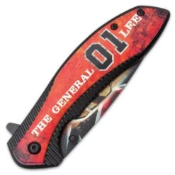 General Lee Pocket Knife - Printed Stainless Steel Blade, Aluminum Handle, Wooden Facing, Pocket Clip - Closed 4 1/2” -Knife Series Shop E19 BK5600