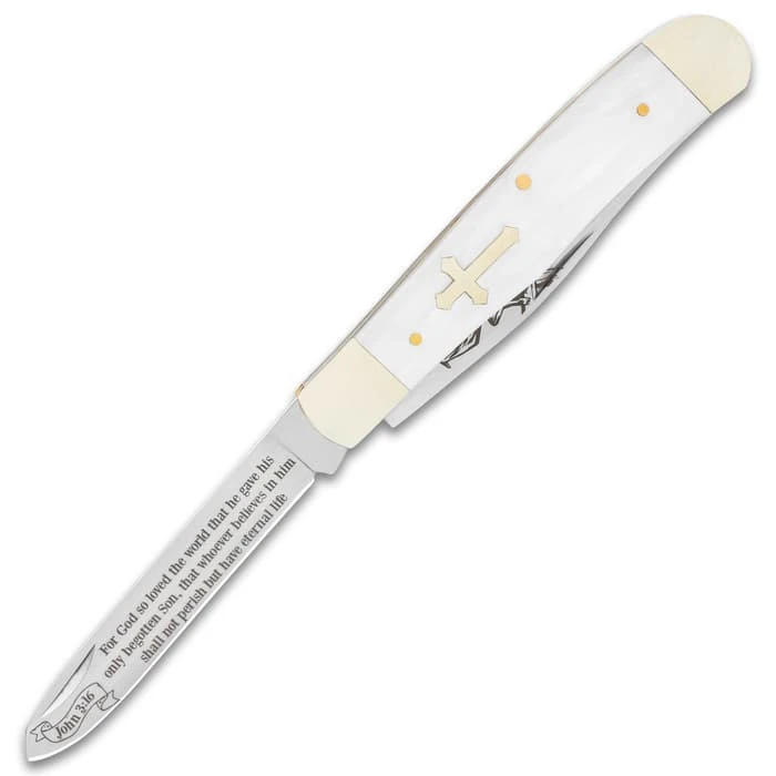 Salvation Pearl Trapper Pocket Knife - Stainless Steel Blades, Faux Pearl Handle Scales, Nickel Silver Bolsters - Closed 4” 4 Salvation Pearl Trapper Pocket Knife - Stainless Steel Blades, Faux Pearl Handle Scales, Nickel Silver Bolsters - Closed 4” - Image 4