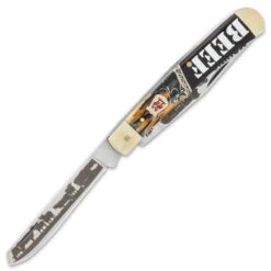 Kissing Crane Beef Tribute Trapper - Stainless Steel Blades, Jigged Amber Bone And Wooden Handle Scales, Nickel Silver Bolsters -Knife Series Shop E19 KC5847