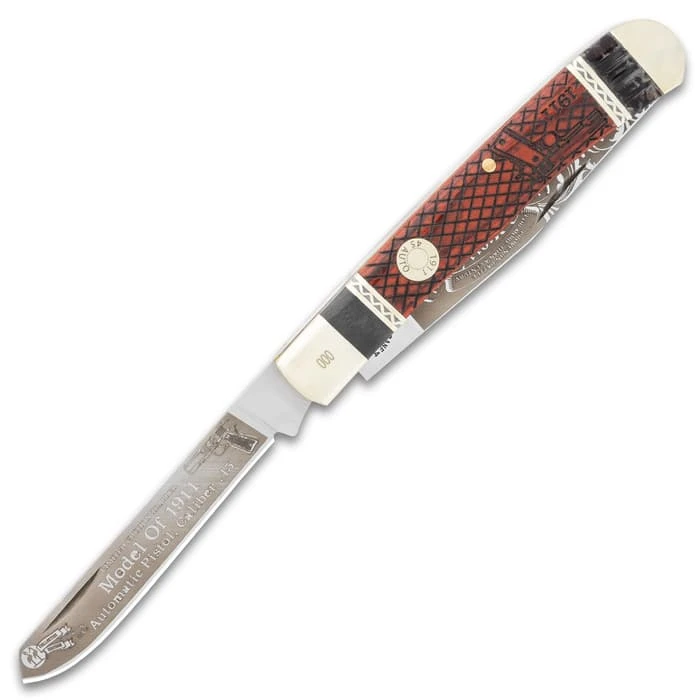 Kissing Crane M1911 Pistol Trapper Pocket Knife - Stainless Steel Blades, Wooden Handle Scales, Nickel Silver Bolsters 4 Kissing Crane M1911 Pistol Trapper Pocket Knife - Stainless Steel Blades, Wooden Handle Scales, Nickel Silver Bolsters - Image 4