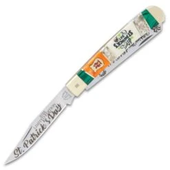 Kissing Crane 2022 St. Patrick’s Day Trapper Pocket Knife - Stainless Steel Blades, Bone And Wood Handle Scales, Nickel Silver Bolsters -Knife Series Shop E19 KC5874