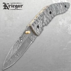 Kriegar Damascus Pocket Knife With Pouch - Damascus Steel Blade, Damascus Steel Handle, Brass Thumbstud - Closed 4 1/2” -Knife Series Shop E19 KG216