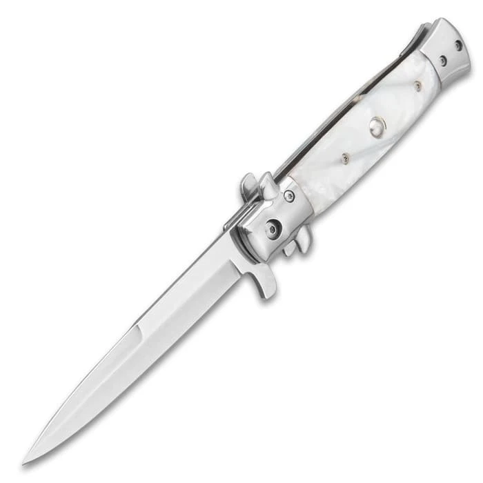 Kriegar German White Pearl Stiletto Knife - Stainless Steel Blade, Assisted Opening, Faux Pearl Handle, Stainless Bolsters And Pins 4 Kriegar German White Pearl Stiletto Knife - Stainless Steel Blade, Assisted Opening, Faux Pearl Handle, Stainless Bolsters And Pins - Image 4