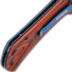 Shinwa Zhanshi Bloodwood Assisted Opening Pocket Knife - Stainless Steel Blade, Wooden Handle Scales, Blue Liners And Pocket Clip -Knife Series Shop E19 KZ1025