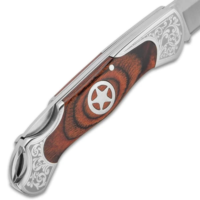 Timber Wolf Sheriff Lockback Pocket Knife - 3Cr13 Stainless Steel Blade, Assisted Opening, Wooden Handle Scales, Etched Bolsters 4 Timber Wolf Sheriff Lockback Pocket Knife - 3Cr13 Stainless Steel Blade, Assisted Opening, Wooden Handle Scales, Etched Bolsters - Image 4