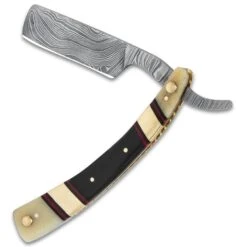 Timber Wolf Bowery Boys Razor Knife - Damascus Steel Blade, Bone And Brass Handle, Brass Pins And Liner - Closed 6 1/2” -Knife Series Shop E19 TW1160