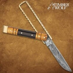 Timber Wolf Brass Barrister Pocket Knife - Damascus Steel Blade, Wooden Handle, Brass Pins And Liners - Closed 4 1/2” -Knife Series Shop E19 TW1195