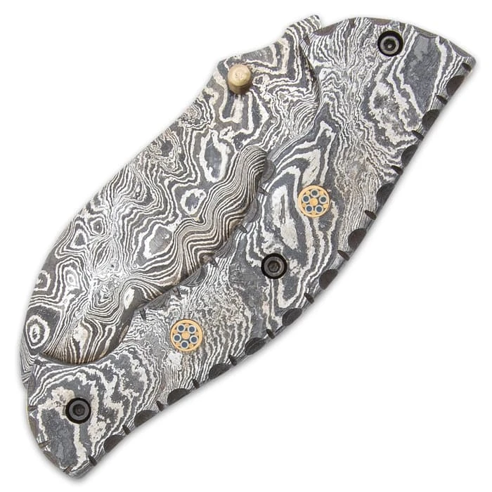 Timber Wolf Steam Pocket Knife - Damascus Steel Blade, Assisted Opening, Damascus Steel Handle, Brass Liners, Rosette Accents 4 Timber Wolf Steam Pocket Knife - Damascus Steel Blade, Assisted Opening, Damascus Steel Handle, Brass Liners, Rosette Accents - Image 4
