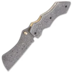 Timber Wolf Knights Watch Pocket Knife And Sheath - Damascus Steel Blade, Damascus Steel Handle Scales, Brass Fileworked Liners -Knife Series Shop E19 TW1218