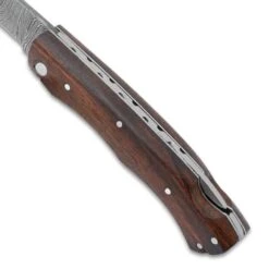 Timber Wolf Renegade Pocket Knife And Sheath - Damascus Stainless Steel Blade, Wooden Handle Scales, Fileworked Back -Knife Series Shop E19 TW1375