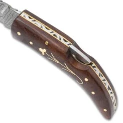 Timber Wolf Heidi Pocket Knife And Sheath - Damascus Steel Blade, Wooden Handle, Brass Flower Accent And Pins -Knife Series Shop E19 TW1377