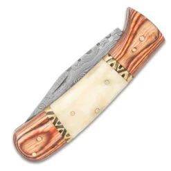 Timber Wolf Tombstone Pocket Knife And Sheath - Damascus Steel Blade, Wood And Bone Handle, Brass Filework Accents -Knife Series Shop E19 TW1405