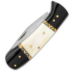 Timber Wolf Dodge City Pocket Knife And Sheath - Stainless Steel Blade, Bone Handle, Brass Filework Accents -Knife Series Shop E19 TW1409