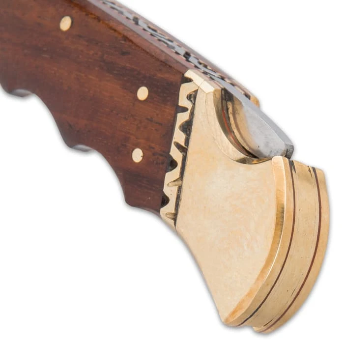 Timber Wolf Chief Executive Pocket Knife - Damascus Steel Blade, Wooden Handle Scales, Brass Bolsters, Fileworked Spine 4 Timber Wolf Chief Executive Pocket Knife - Damascus Steel Blade, Wooden Handle Scales, Brass Bolsters, Fileworked Spine - Image 4