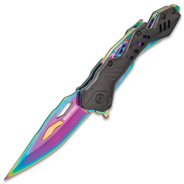 Rampage® Rainbow Atomica Assisted Opening Pocket Knife - Stainless Steel Blade, Aluminum Handle, Bottle Opener, Pocket Clip - Closed 4 3/4” 4 Rampage® Rainbow Atomica Assisted Opening Pocket Knife - Stainless Steel Blade, Aluminum Handle, Bottle Opener, Pocket Clip - Closed 4 3/4” - Image 4