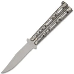 Bear & Son Silver Vein Handle Butterfly Knife - Stainless Steel Blade, Double-Tang Pin Design, Die Cast Metal Handles - 5 1/8” Closed 7 Bear & Son Silver Vein Handle Butterfly Knife - Stainless Steel Blade, Double-Tang Pin Design, Die Cast Metal Handles - 5 1/8” Closed -Knife Series Shop E49 BJ1172