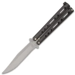 Bear & Son Black Handle Butterfly Knife - Stainless Steel Blade, Double-Tang Pin Design, Die Cast Metal Handles - 5 1/8” Closed 7 Bear & Son Black Handle Butterfly Knife - Stainless Steel Blade, Double-Tang Pin Design, Die Cast Metal Handles - 5 1/8” Closed -Knife Series Shop E49 BJ1175