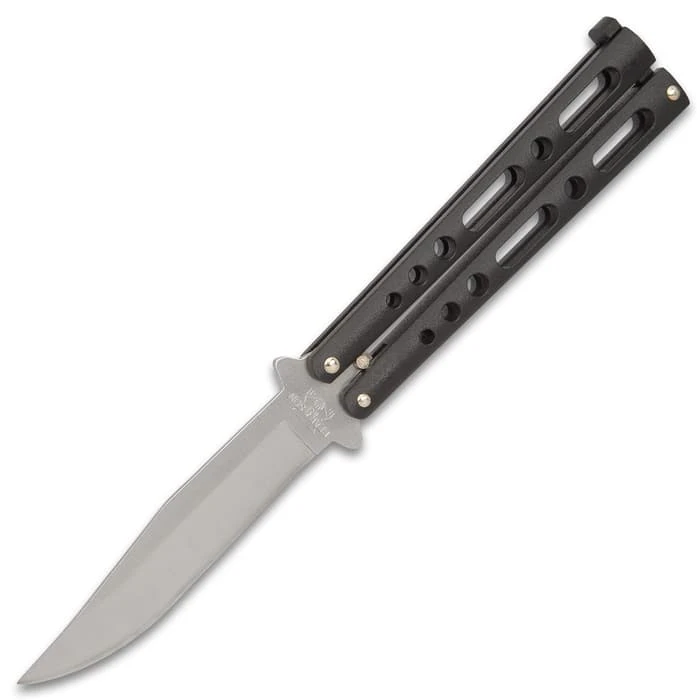 Bear & Son Black Handle Butterfly Knife - Stainless Steel Blade, Double-Tang Pin Design, Die Cast Metal Handles - 5 1/8” Closed 4 Bear & Son Black Handle Butterfly Knife - Stainless Steel Blade, Double-Tang Pin Design, Die Cast Metal Handles - 5 1/8” Closed - Image 4